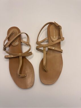 Antonio Melani Nude/Tan Strappy Leather T-Strap Sandals